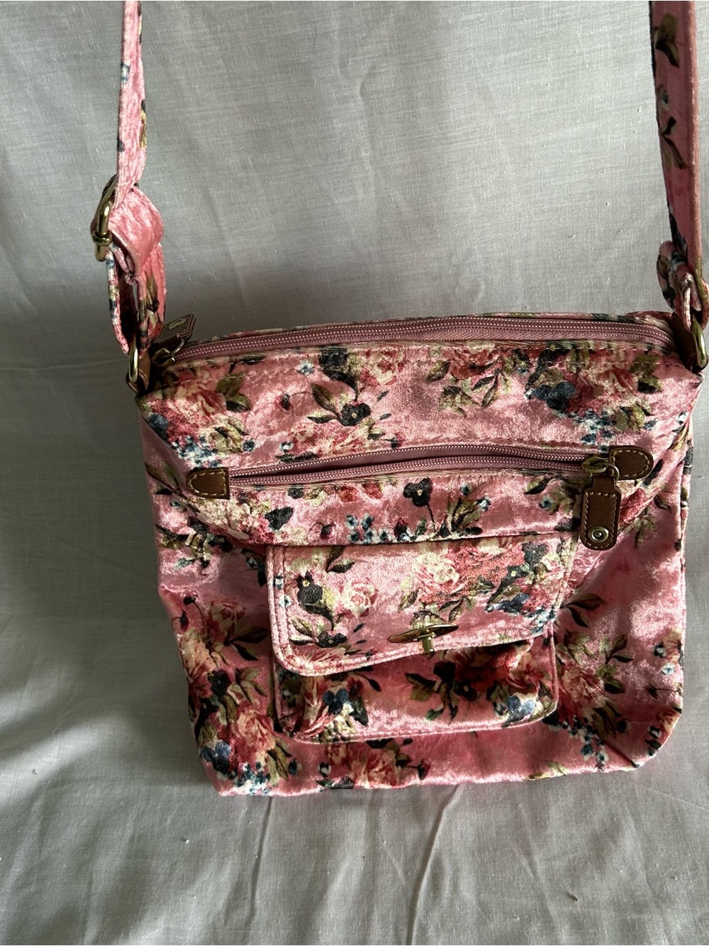 Velvet Crossbody Bag Purse Pink Floral Adjustable Shoulder Strap Zip Top Pockets - Picture 6 of 6